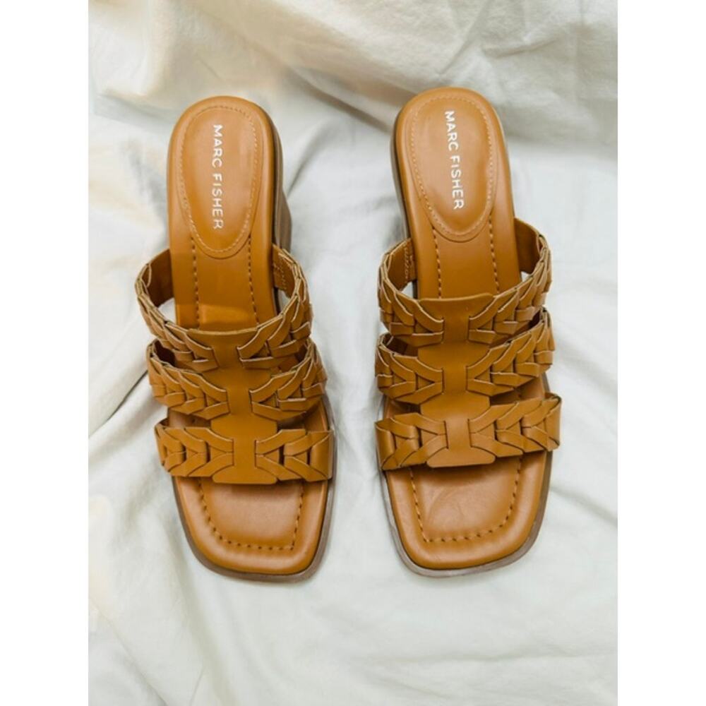 Marc Fisher Tan Braided Leather Block Heel Mules